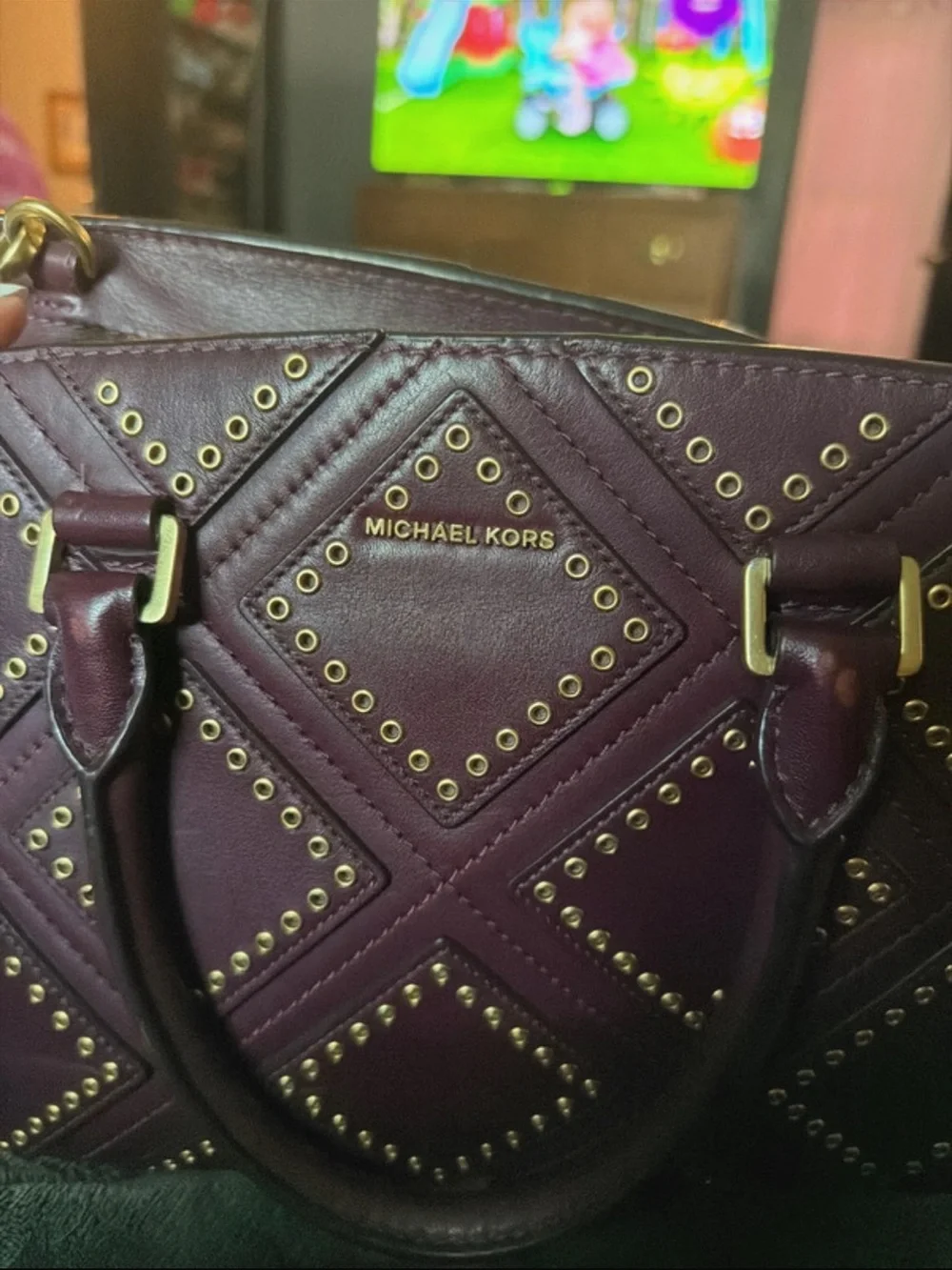 Michael Kors Deep Plum Studded Leather Satchel with Wristlet